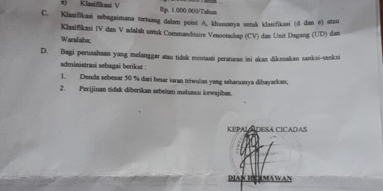 Kades Cicadas: Iuran Wajib untuk Perusahaan Sesuai Perdes