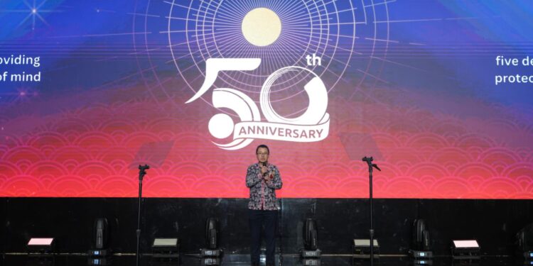 Presiden Direktur MSIG Indonesia Shikato Takeuchi saat memberikan sambutan dalam perayaan HUT ke-50 di Jakarta