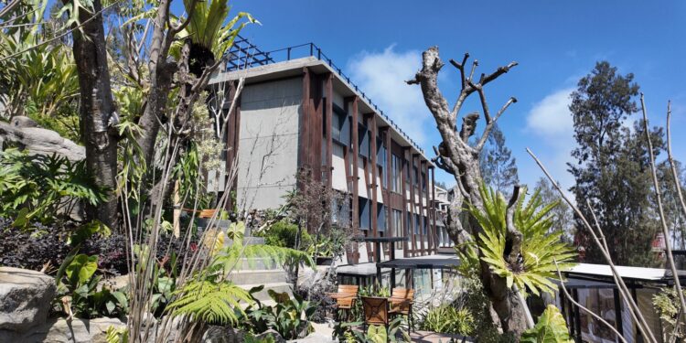 Fasad bangunan Jambuluwuk Bromo Resort & Poshtel dengan latar belakang pemandangan pegunungan yang asri