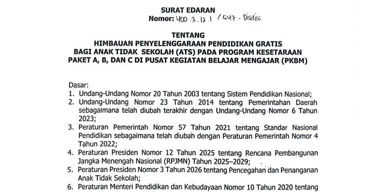 Dinas Pendidikan Minta PKBM Gratiskan Pendidikan Bagi ATS