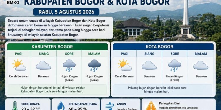 Cuaca Bogor Rabu 5 Agustus 2026 Didominasi Cerah Berawan, Hujan Ringan Berpotensi Turun di Wilayah Selatan